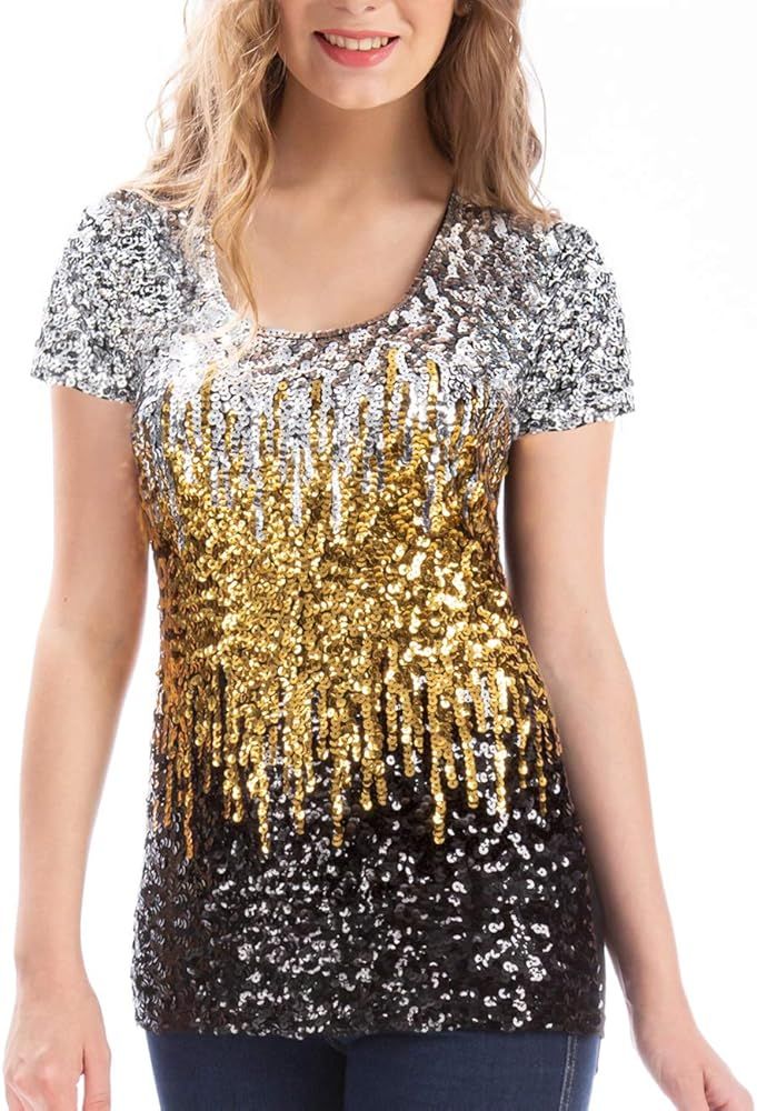 MANER Women’s Full Sequin Tops Glitter Party Shirt Short Sleeve Sparkle Blouses S-3X | Amazon (US)