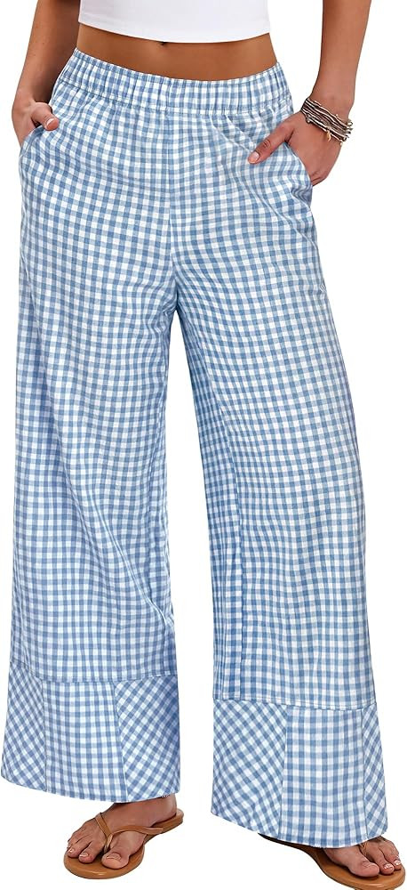 ANRABESS Womens Gingham Pants Checkered Plaid Striped Boxer Wide Leg Palazzo Pants Lounge PJ Bott... | Amazon (US)