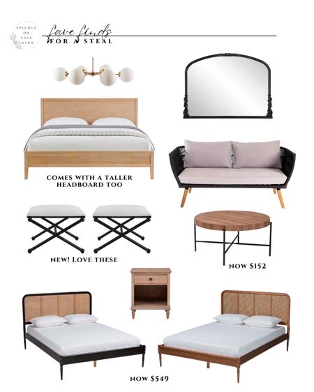 Modern platform bed. Rattan bed wooden light. Black mirror vanity. Round coffee table rustic. Wooden nightstand. Modern foot stool black and white. Modern chandelier brass. 

#LTKsalealert #LTKFind #LTKhome