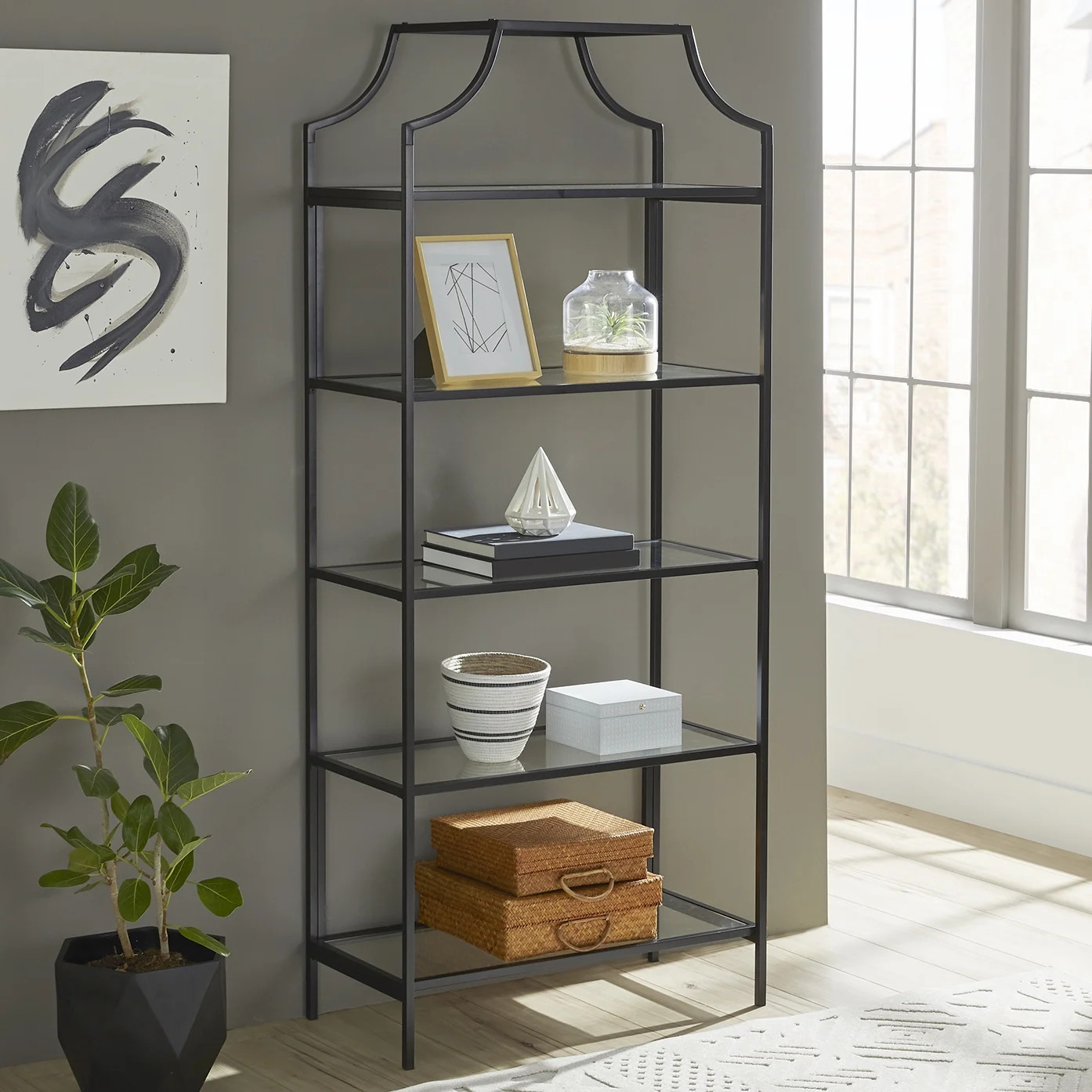Better Homes & Gardens 71" Nola 5 Tier Etagere Bookcase, Black Finish | Walmart (US)