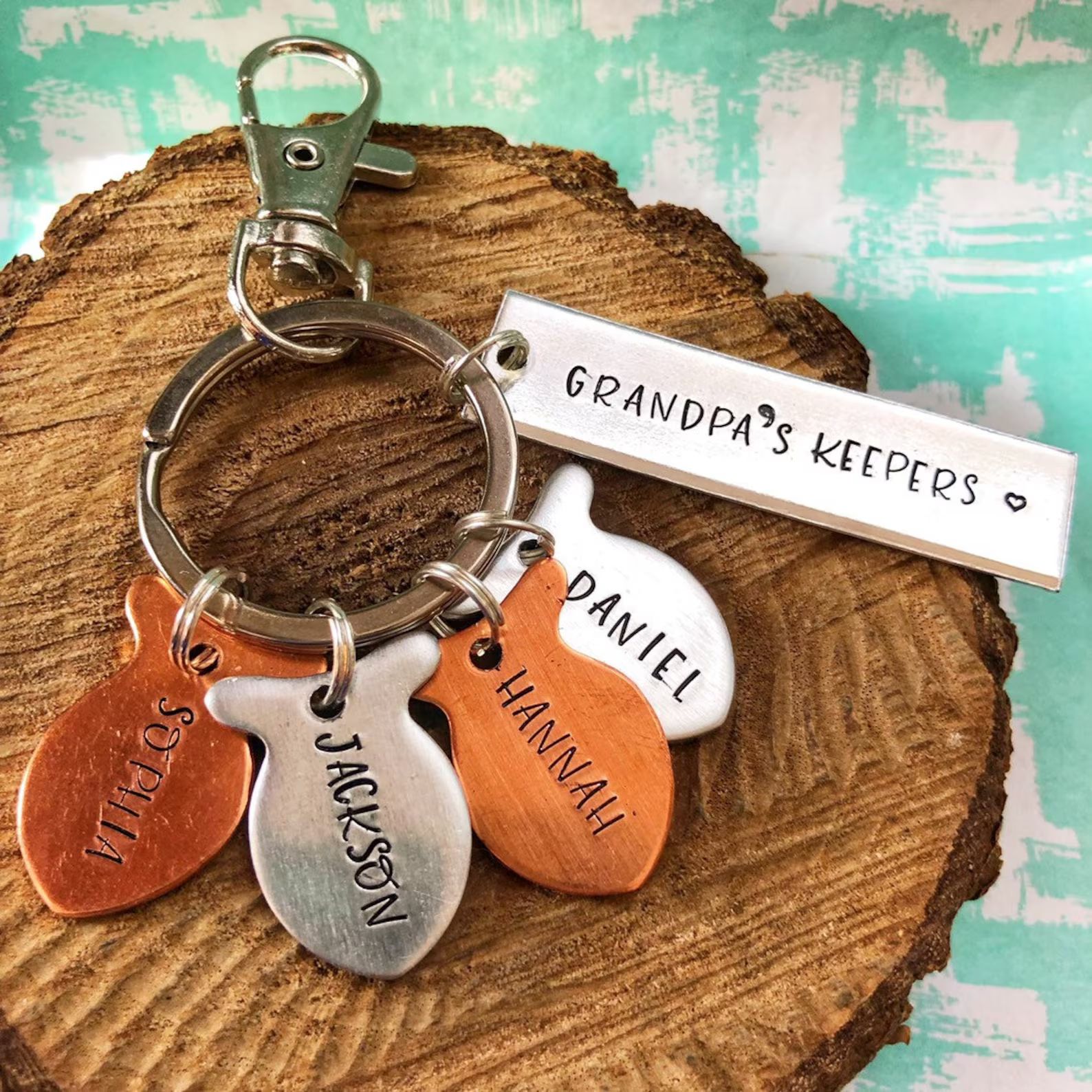 Handstamped Grandpa's Keepers Fishing Keychain, Kids Name Keychain, Daddy's Best Catch, Gift for ... | Etsy (US)