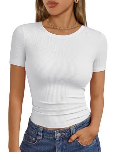 Trendy Queen Womens Short Sleeve Shirts Crewneck Ribbed Knit Slim Fitted T-Shirt Summer Tops Basi... | Amazon (US)