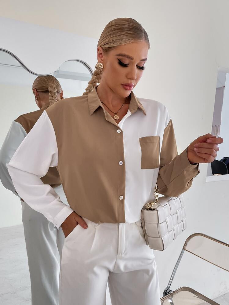 Color Block Pocket Patched Button Front Blouse | SHEIN