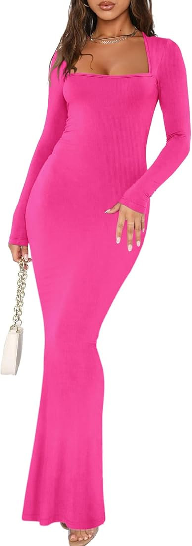 REORIA Womens Basic Sexy Square Neck Long Sleeve Soft Lounge Long Dress Fall Casual Ribbed Bodyco... | Amazon (US)