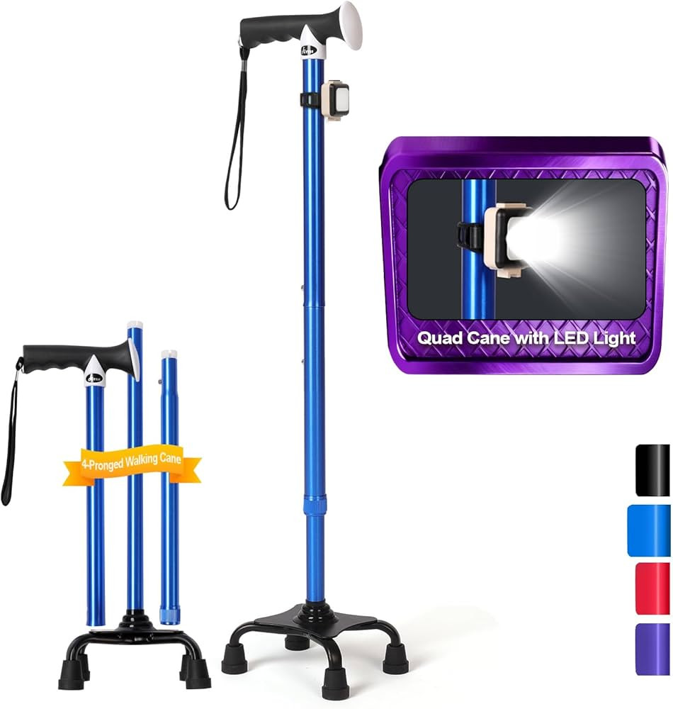 Quad Cane (300 lbs) - Adjustable Walking Cane with Large 4-Pronged Base & LED Light, Extra Balanc... | Amazon (US)