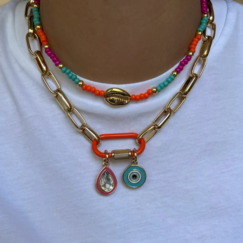 Cowrie Choker | Orange Carabiner Necklace | Chunky Paperclip Choker Necklace Evil Eye Charm Neckl... | Etsy (US)