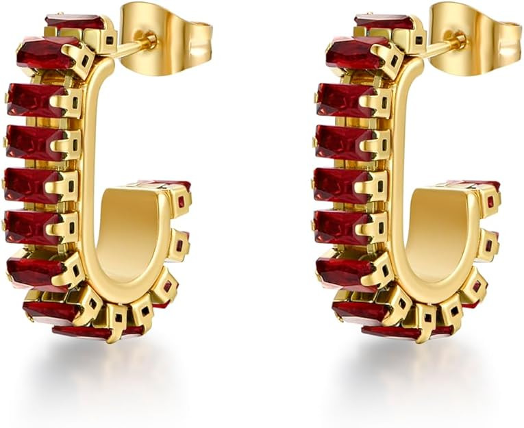 Green Crystal huggie gold hoop earrings for women Girls,14K Gold Plated with 925 Sterling Silver ... | Amazon (US)