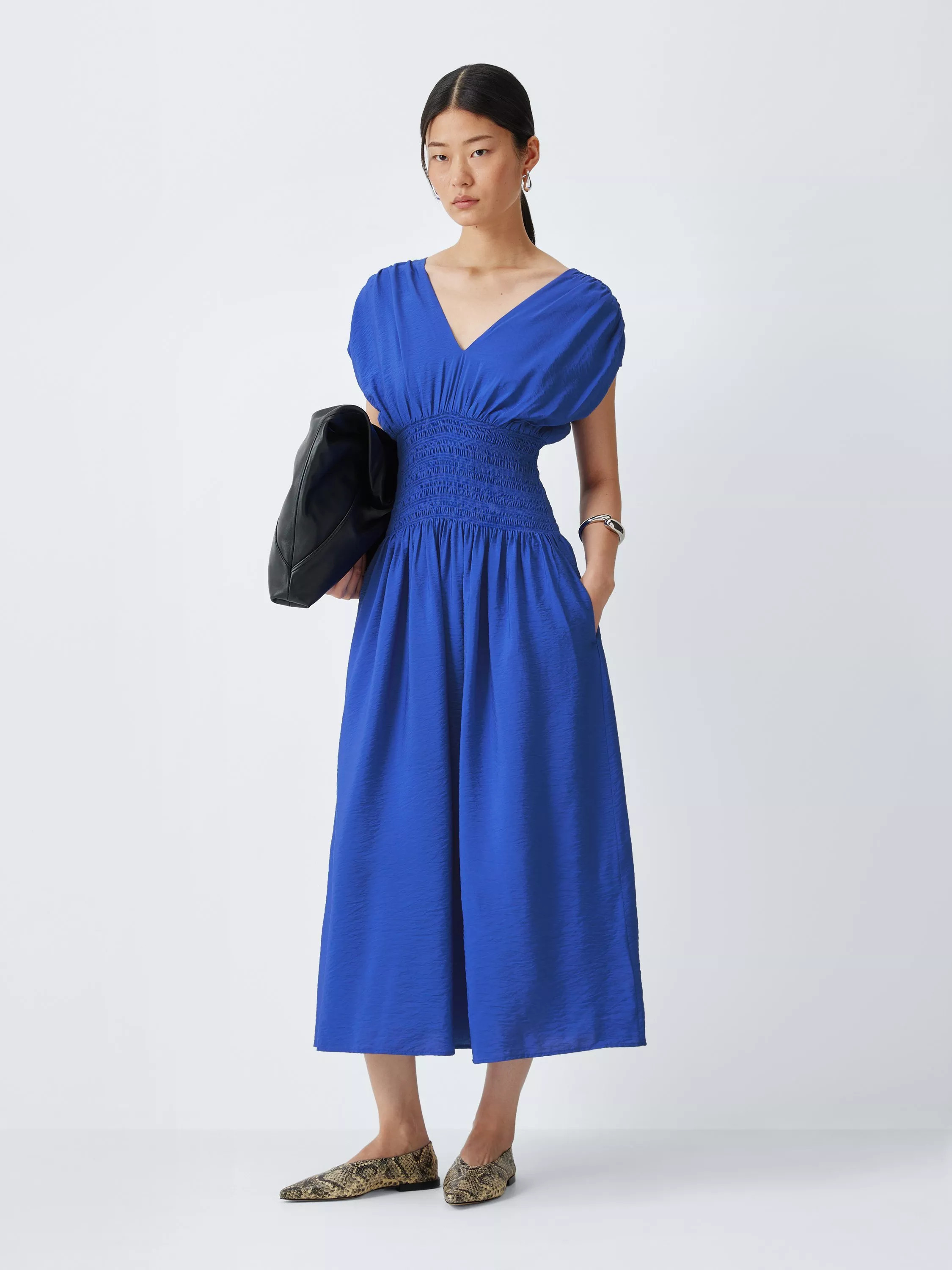 John Lewis Shirred Waist V-Neck Cap Sleeve Midi Dress, Baja Blue | John Lewis (UK)