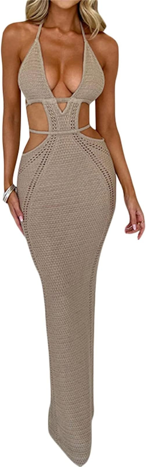 Women's Halter Bodycon Mini Dress Sleeveless Tie Backless Hollow Out Corset Knit Dress Wrap Dress... | Amazon (US)