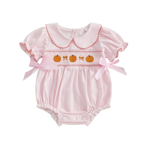 Adobabirl My First Halloween Baby Girl Outfit Pumpkin Embroidery Bubble Romper Short Sleeve Bow Jumpsuit Smocked Clothes (Pink, 3-6 Months) | Amazon (US)