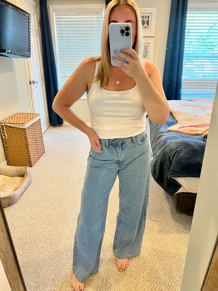 Wide leg old navy jeans on sale with cropped tank. Wearing a large and 6 in jeans 
Fall outfit
Jeans
Teacher outfit 
Country concert 

#LTKSale #LTKunder100 #LTKFind