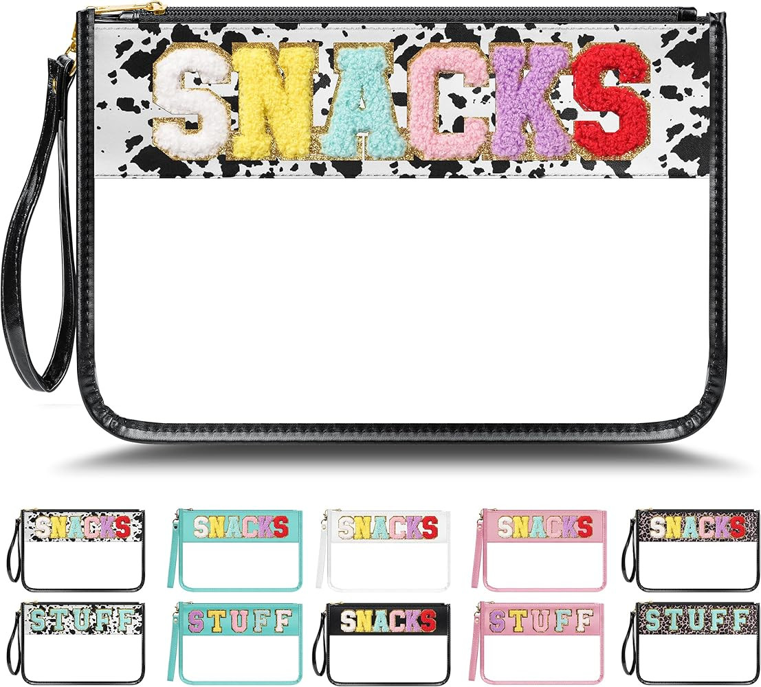 Snack Bags Clear Pouch Travel Chenille Letter Zipper Makeup Pouch,PVC Nylon Waterproof Cosmetic B... | Amazon (US)