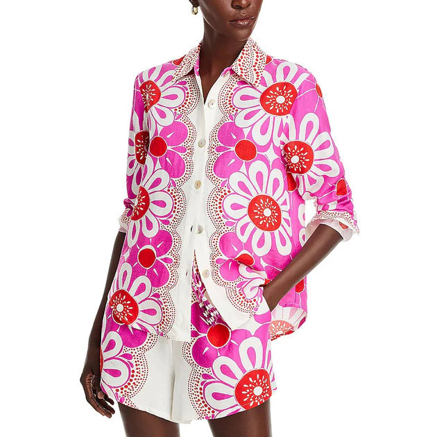 Womens Linen Blend Floral Print Button-Down Top | Shop Simon