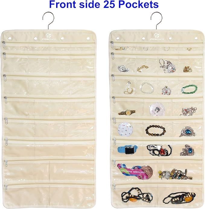 Freegrace Premium Hanging Jewelry Organizer Revolving Hanger - Secure Zipper Closure - 50 Pockets... | Amazon (US)