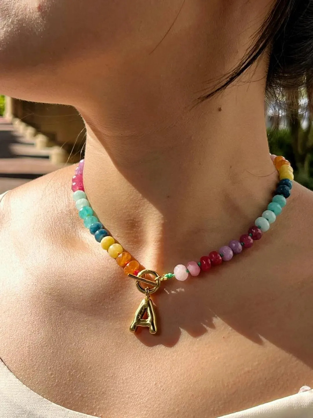 Rainbow Gemstones Initial Necklace With Balloon Bubble Letter, Colorful Natural Beads Knotted Cho... | Etsy (US)