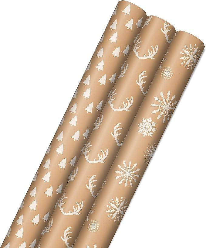 Hallmark Recyclable Minimalist Kraft Wrapping Paper with Cut Lines (3 Rolls: 90 Sq. Ft. Ttl.) Whi... | Amazon (US)