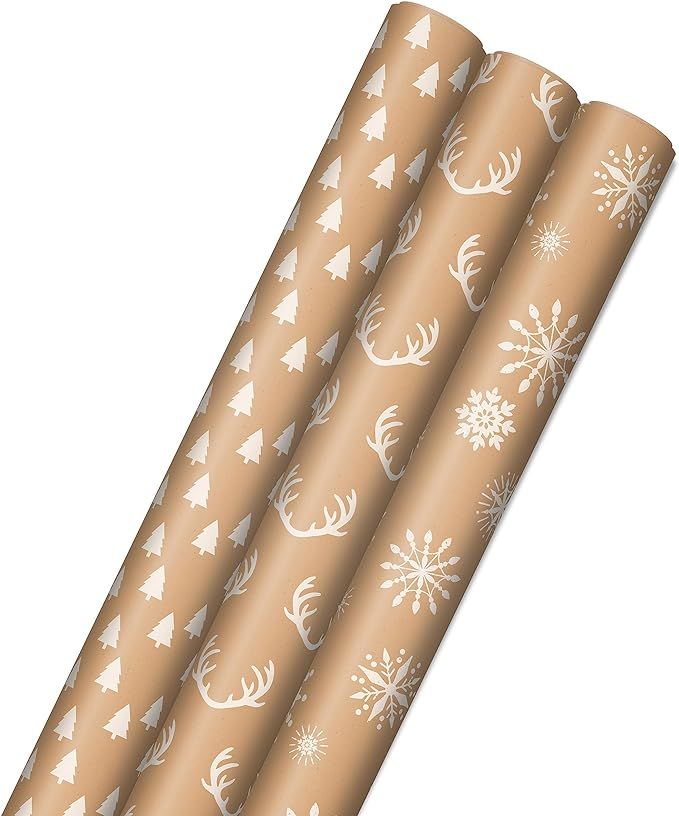 Hallmark Recyclable Kraft Wrapping Paper with Cut Lines (3 Rolls: 90 Sq. Ft. Ttl.) Minimalist Chr... | Amazon (US)
