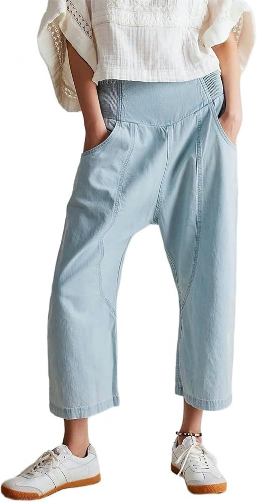 LifeShe Cropped Elastic Waist Jeans for Women Drop Crotch Jeans Low Rise Wide Leg Denim Harem Pan... | Amazon (US)