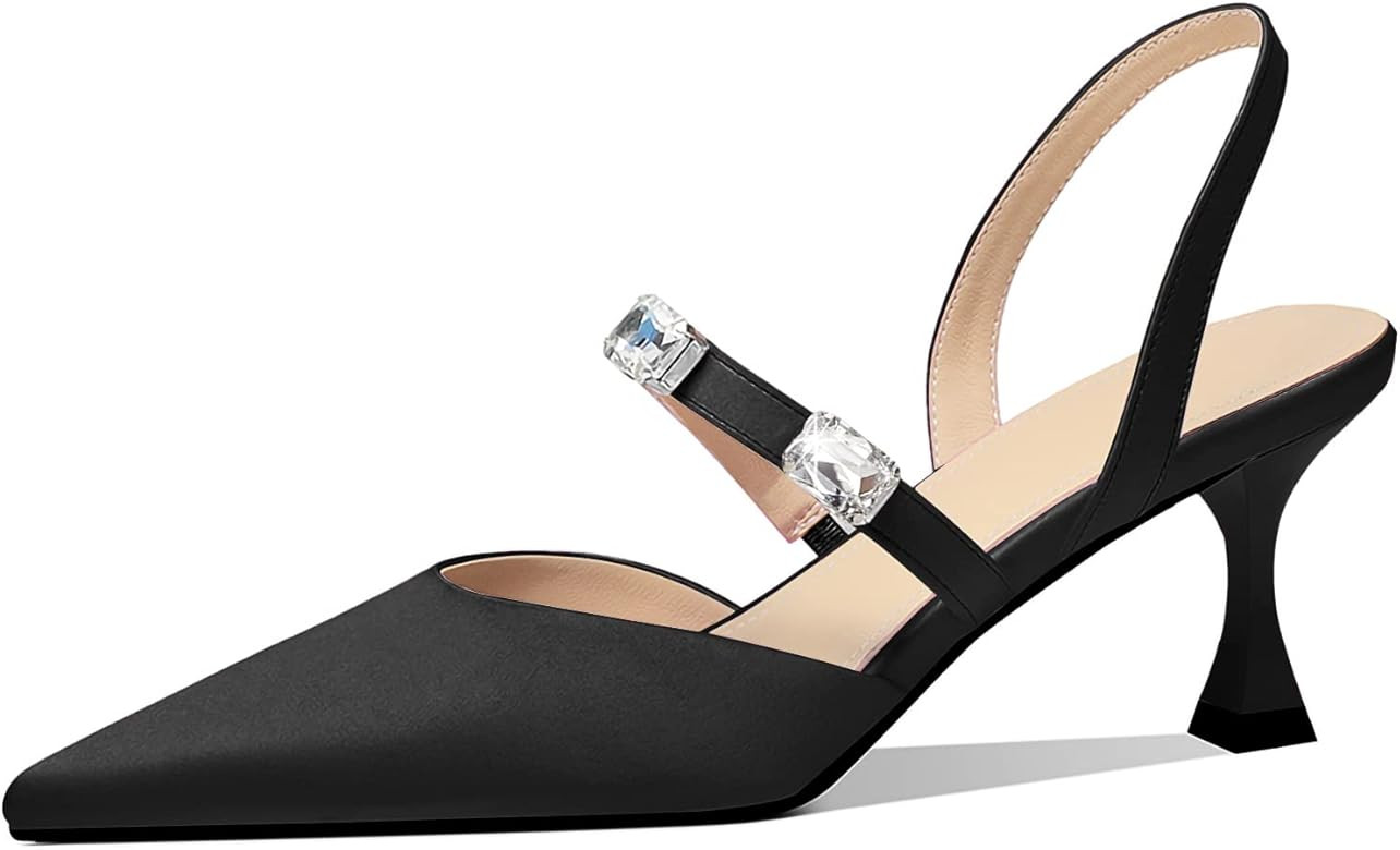 Womens Pointed Toe Slingback Pumps Rhinestone Mid Kitten Heel Sandals | Amazon (US)