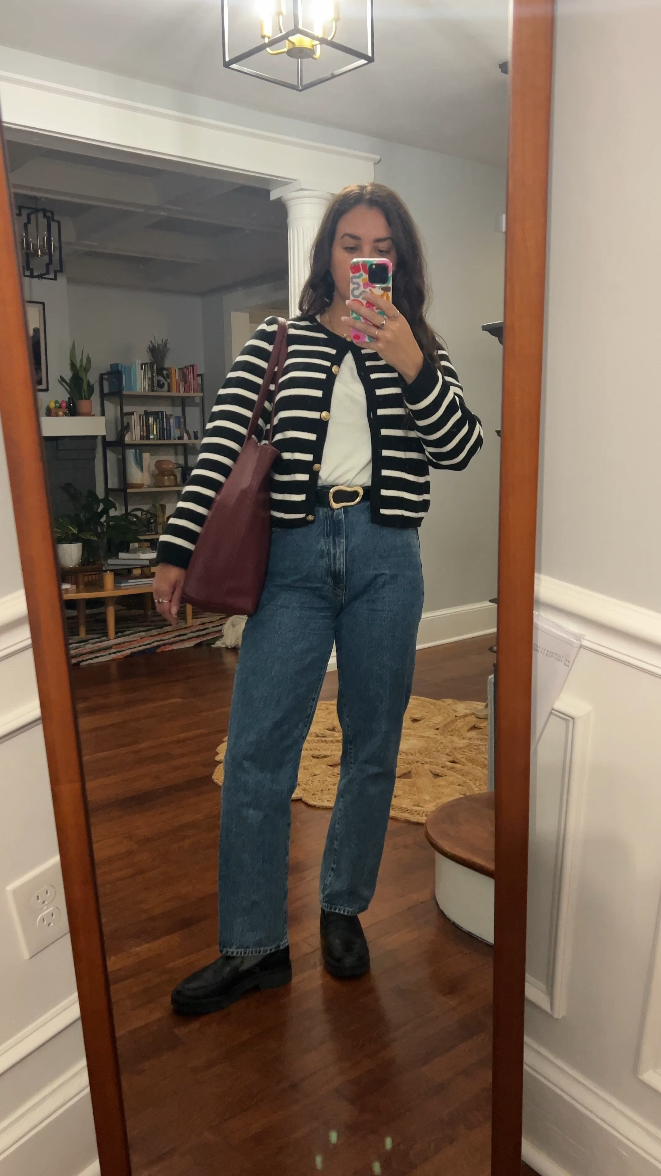 Casual work outfit. Fall outfit. Striped cardigan. Straight jeans. Loafers. Jcrew cardigan. Everlane tee. Cuyana bag. 

#LTKFindsUnder100 #LTKVideo #LTKFallSale