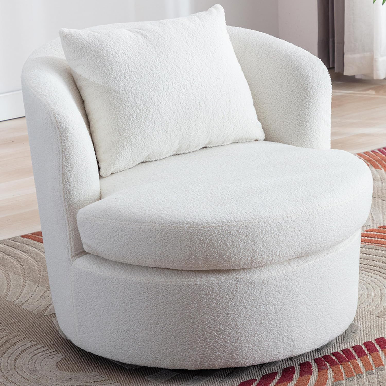 Swivel Barrel Chair with Teddy Velvet, Fully Assembled Swivel Accent Chair, Sherpa Swivel Chair with Removable Cushion&Plump Pillow, Comfy Swivel Round Accent Chair for Living Room, White | Amazon (US)