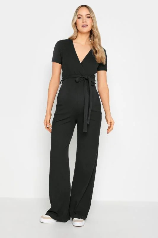 LTS Tall Black Ribbed Wrap Maternity Jumpsuit | Long Tall Sally