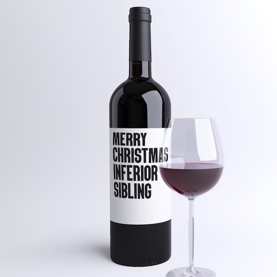 Merry Christmas Inferior Sibling Gift Wine Label Sticker for Brother Sister + Funny Card for Fami... | Etsy (US)
