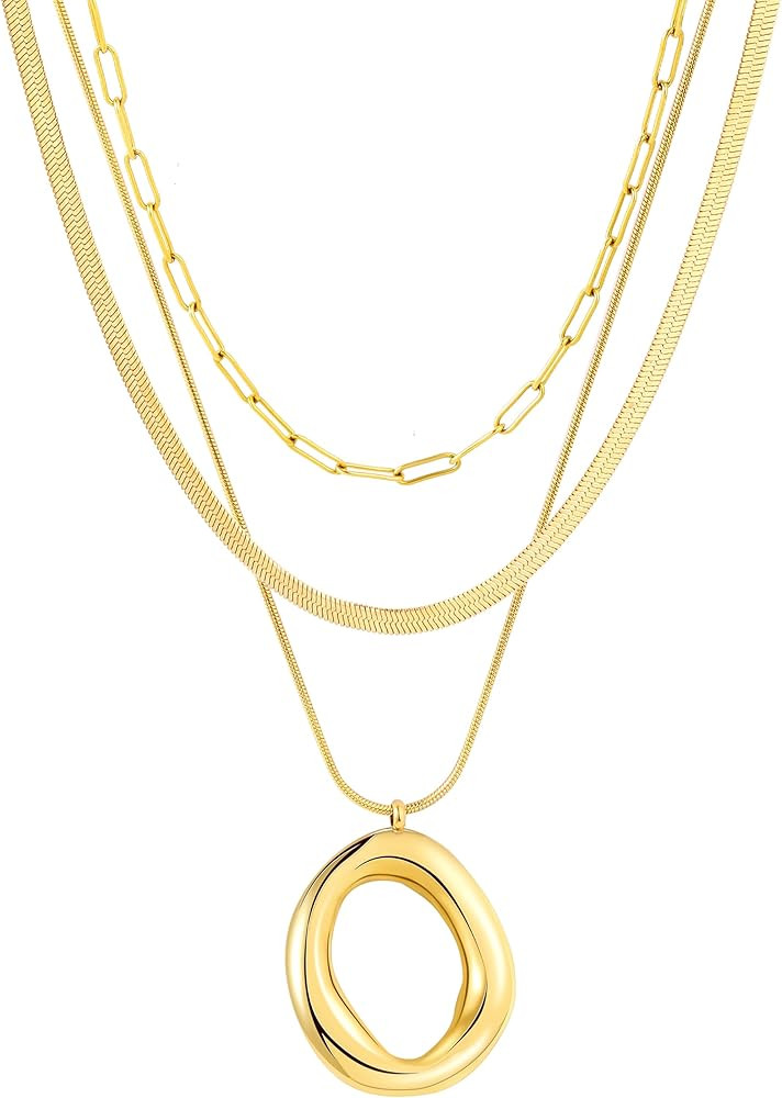 Layered Gold Necklaces for Women,18K Real Gold Plated Trendy Circle Pendant Necklace, Stackable N... | Amazon (US)