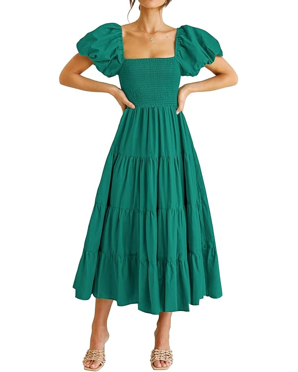 PRETTYGARDEN Women's Casual Summer Midi Dress Puffy Short Sleeve Square Neck Smocked Tiered Ruffl... | Amazon (US)