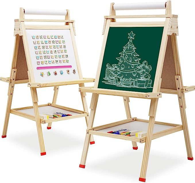Kids Easel Wooden Art Easel Adjustable Standing Easel Double-Sided Drawing Easel with Paper Roll ... | Amazon (US)