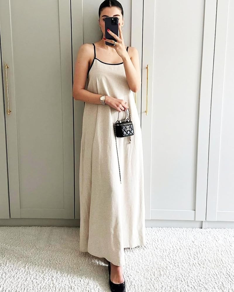 Shy Velvet Women's 2026 Summer Linen Maxi Dress Contrast Spaghetti Strap Dress Backless Casual Pa... | Amazon (US)