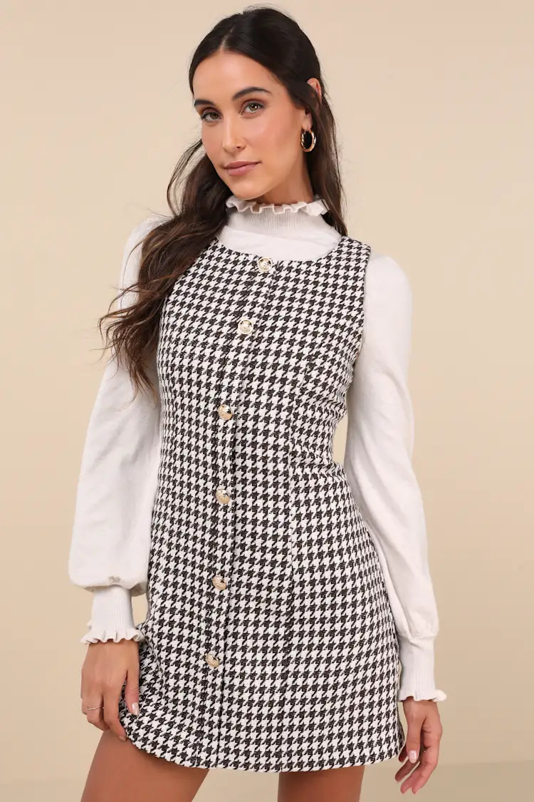 Coveted Poise Brown Houndstooth Button-Front Shift Mini Dress | Lulus