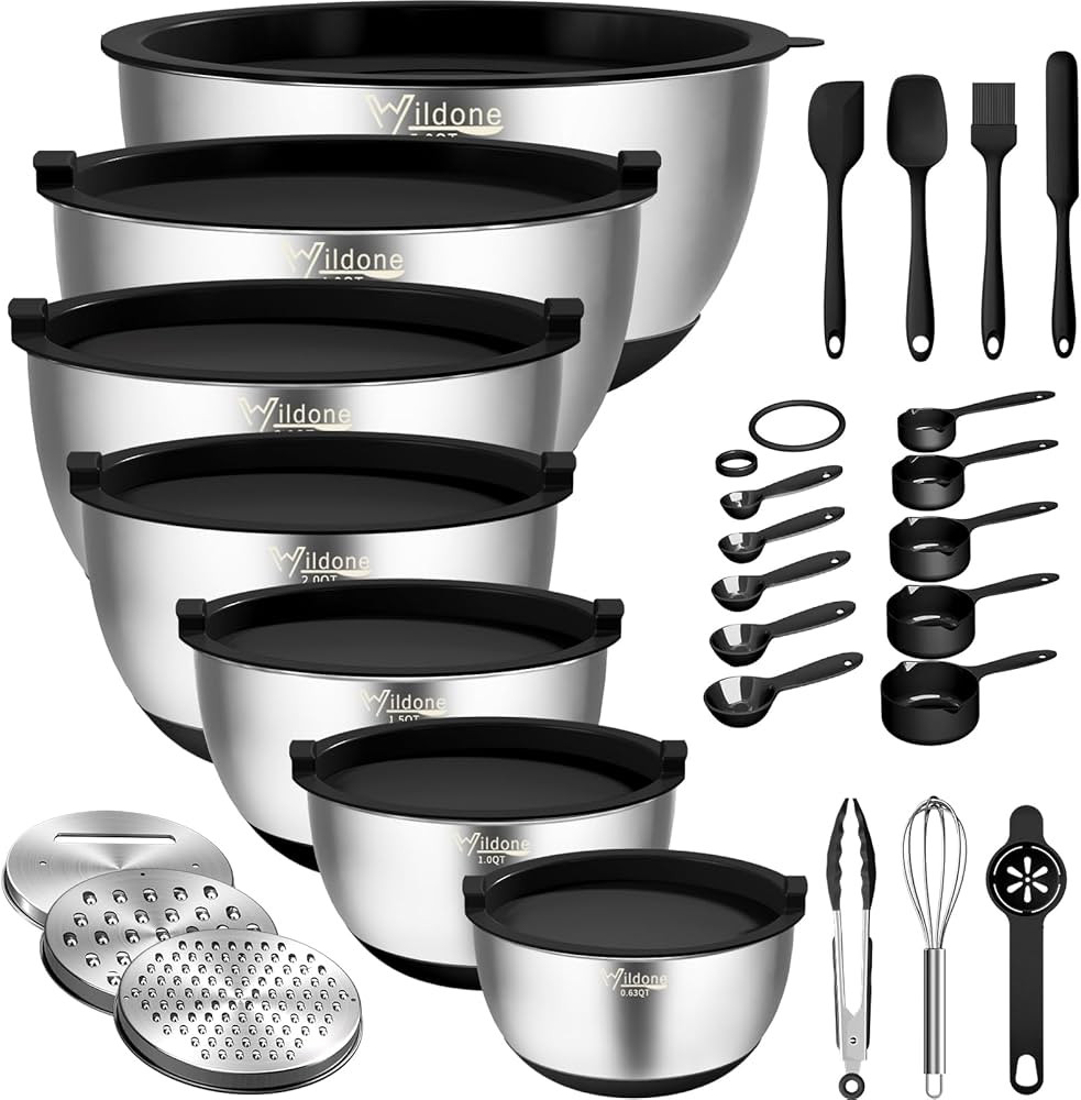 Wildone Mixing Bowls with Airtight Lids, 27 PCS Stainless Steel Nesting Bowls, with 3 Grater Atta... | Amazon (US)