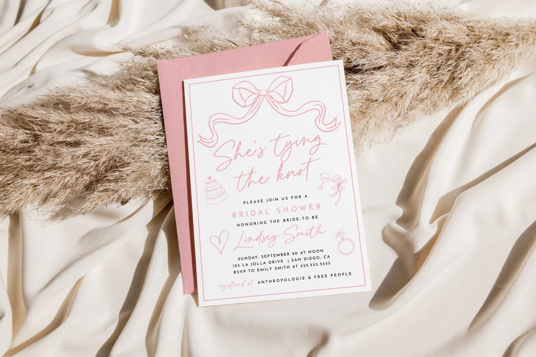 She's Tying The Knot Bridal Shower Invitation Template, Pink Bow, Hand Drawn, Whimsical, Editable... | Etsy (US)