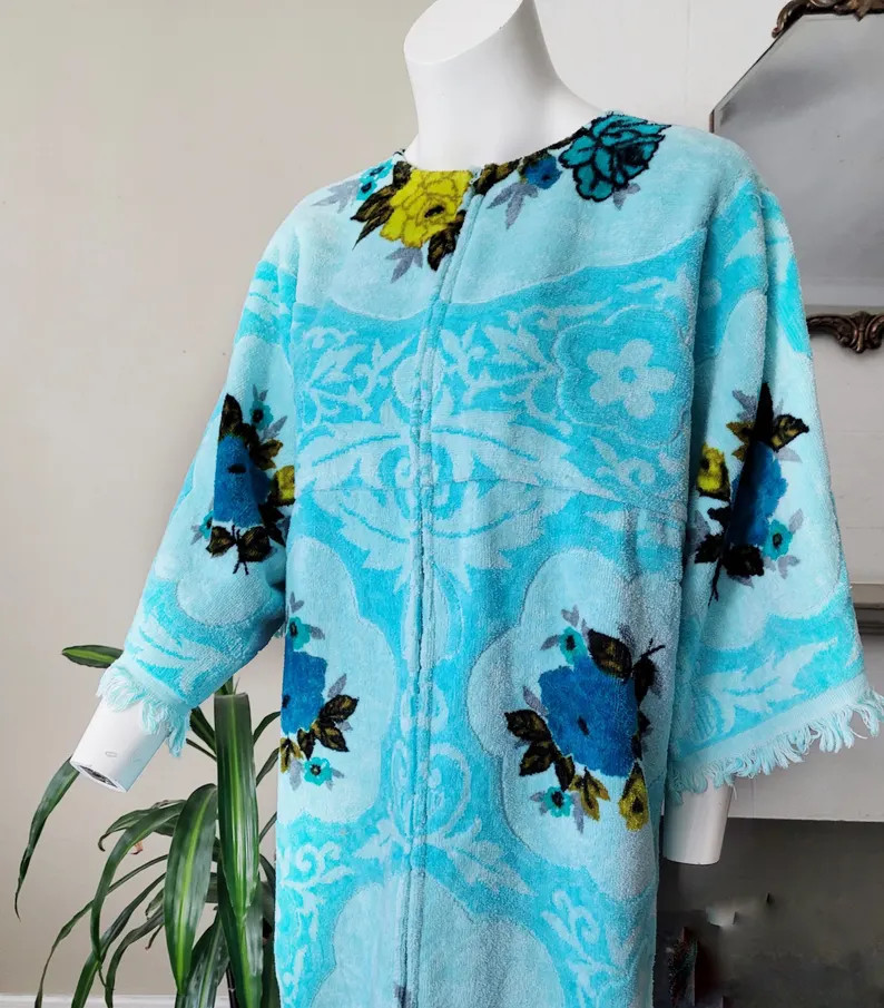 Vintage Towel Maxi Dress Terrycloth Beach Caftan Toweling Cover up Blue Floral M - Etsy | Etsy (US)