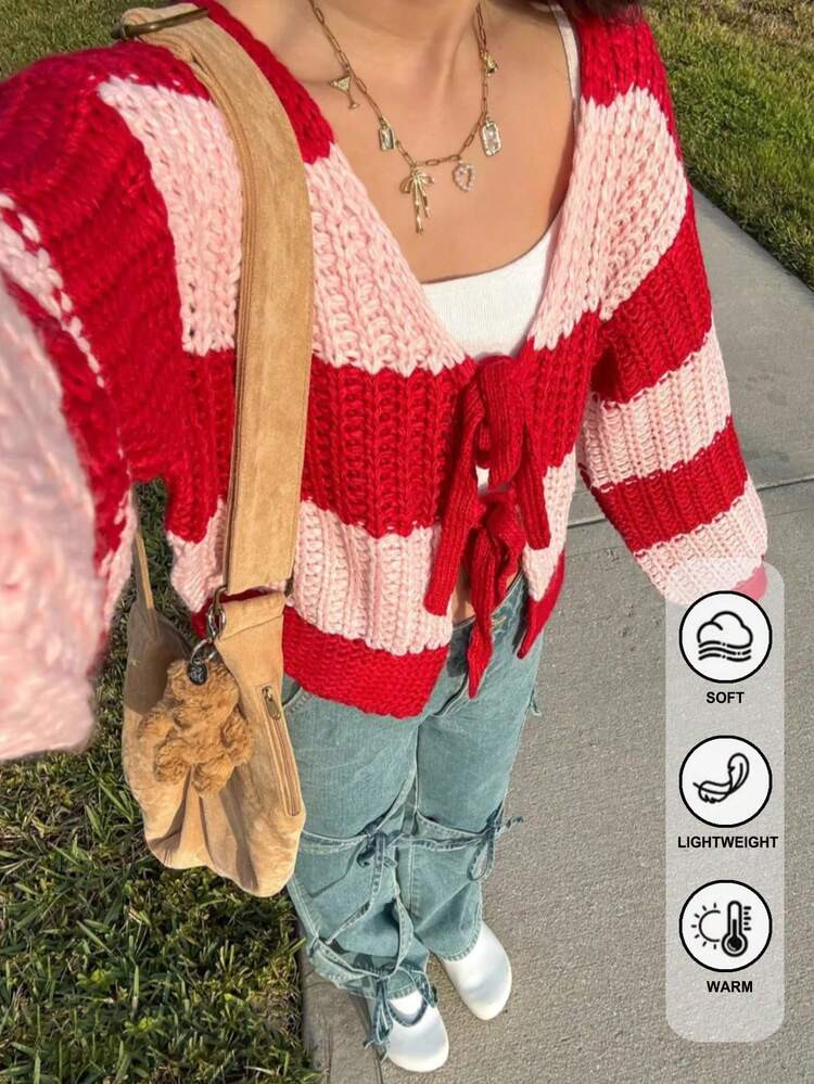 Women' Autumn And Winter Casual Versatile Contrasting Striped Tie V-Neck Long Sleeved Knitted Cardigan Sweater With Lazy Style/Y2K Suitable For Daily Use/Dates/Campus/Party Gatherings/Shopping/Photography/Nightclubs/Christmas/Halloween/Thanksgiving/Touck Like Wool | SHEIN