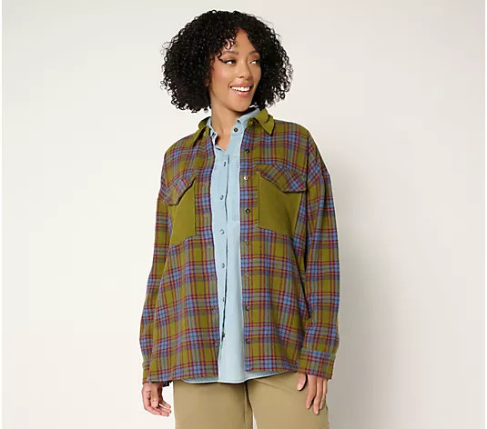 Peace Love World Brushed Flannel Plaid Jacket with Corduroy Collar - QVC.com | QVC