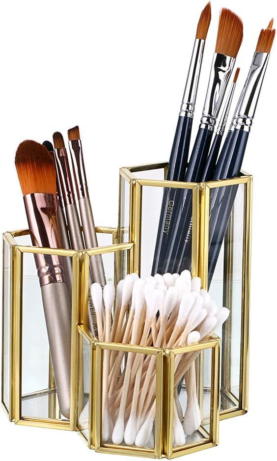Hipiwe 3 Slots Glass Makeup Brush Holder - Gold Hexagon Cosmetics Brush Eyeliners Display Cup Home D | Amazon (US)