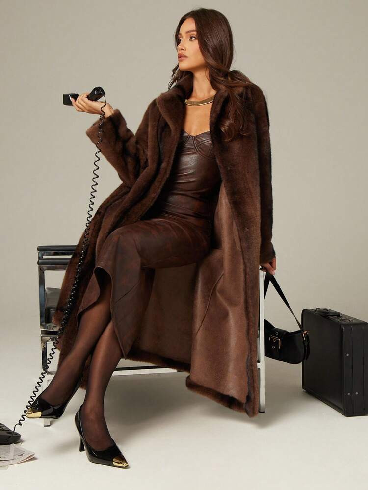 Long Brown Fur Coat | SHEIN