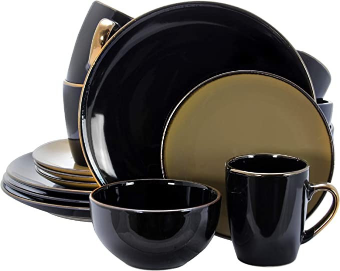 Elama Round Stoneware Grand Collection Dinnerware Dish Set, 16 Piece, Black and Warm Taupe | Amazon (US)