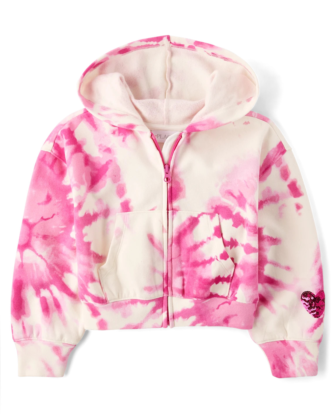 Girls Tie Dye Sequin Heart Fleece Zip Up Hoodie - pink | The Children's Place