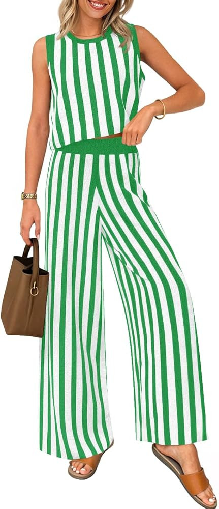 ZESICA Women's Summer Two Piece Outfits Crop Tank Tops and Wide Leg Pants Striped Lounge Travel S... | Amazon (US)