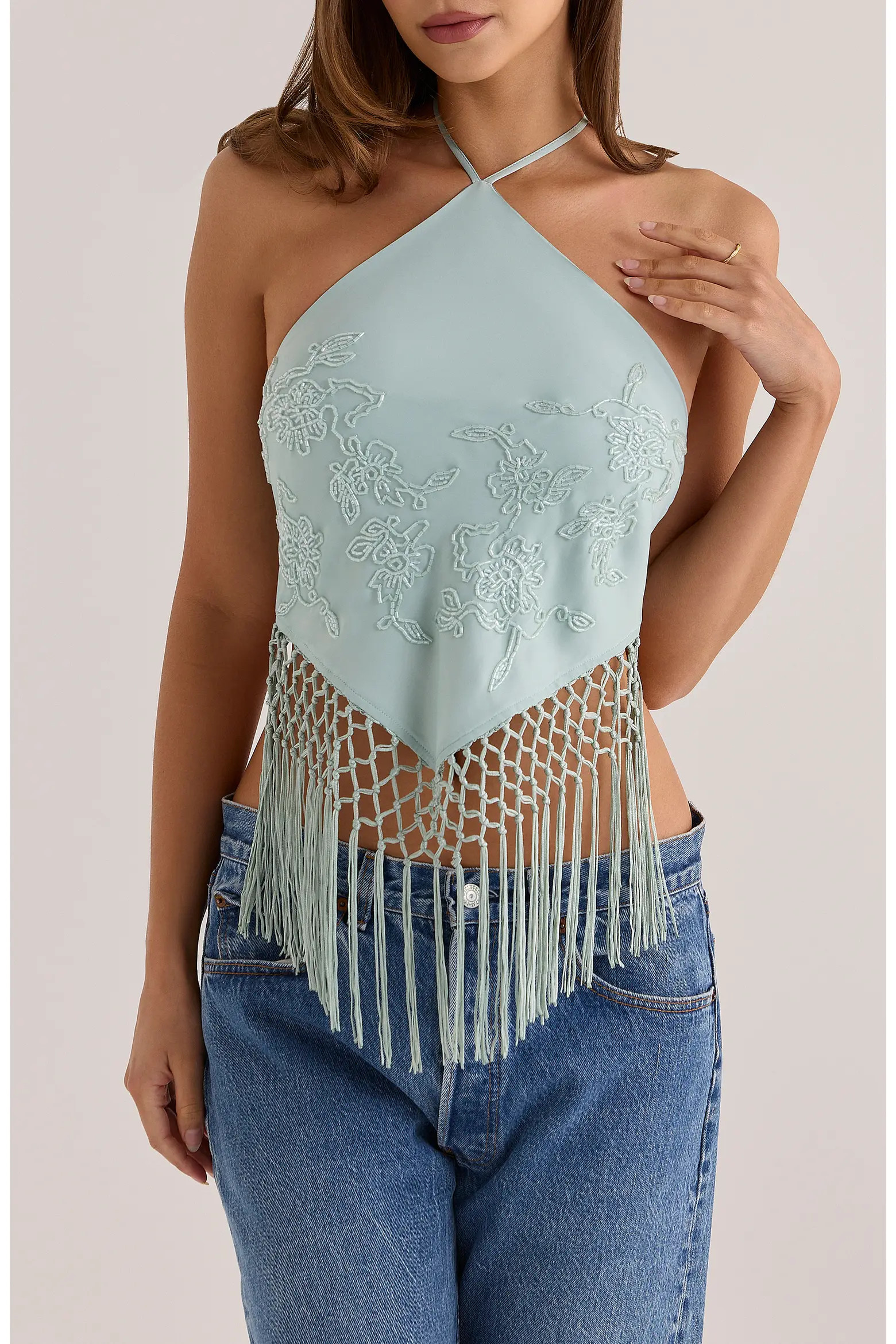 HOUSE OF CB Sareena Hand Embellished Fringe Halter Top (Women) | Nordstrom | Nordstrom
