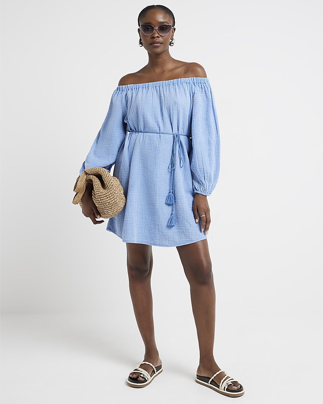 Blue textured bardot mini dress | River Island (UK & IE)