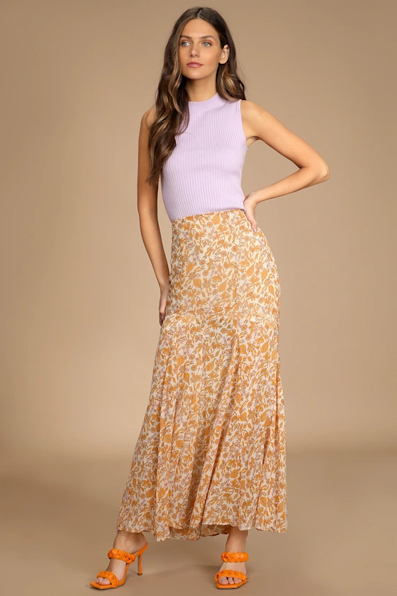 Lilith Cream and Orange Floral Print Maxi Skirt | Lulus (US)