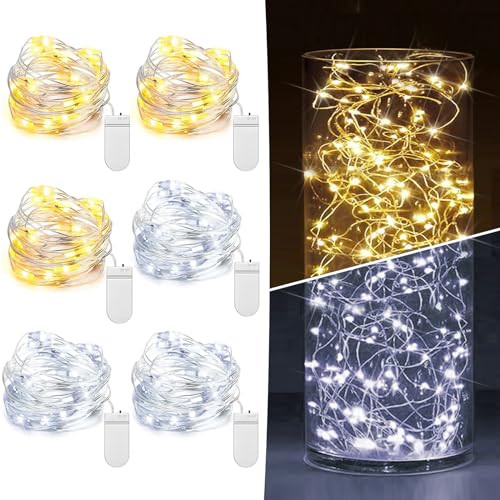6 Pack Fairy Lights Battery Operated 7ft 20 LED Mini String Lights Twinkle Lights Silver Wire Firefly Starry Lights for Mason Jars Wedding Party Christmas Centerpiece Decor, Warm White & Cool Whtie | Amazon (US)