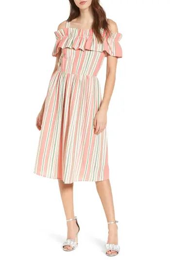 Women's Bp. Stripe Ruffle Cold Shoulder Dress, Size XX-Small - Coral | Nordstrom