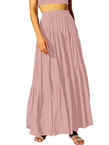 ANRABESS Women’s Boho Elastic High Waist Pleated A-Line Flowy Swing Asymmetric Tiered Maxi Long Skirt Dress with Pockets Pink Small | Amazon (US)