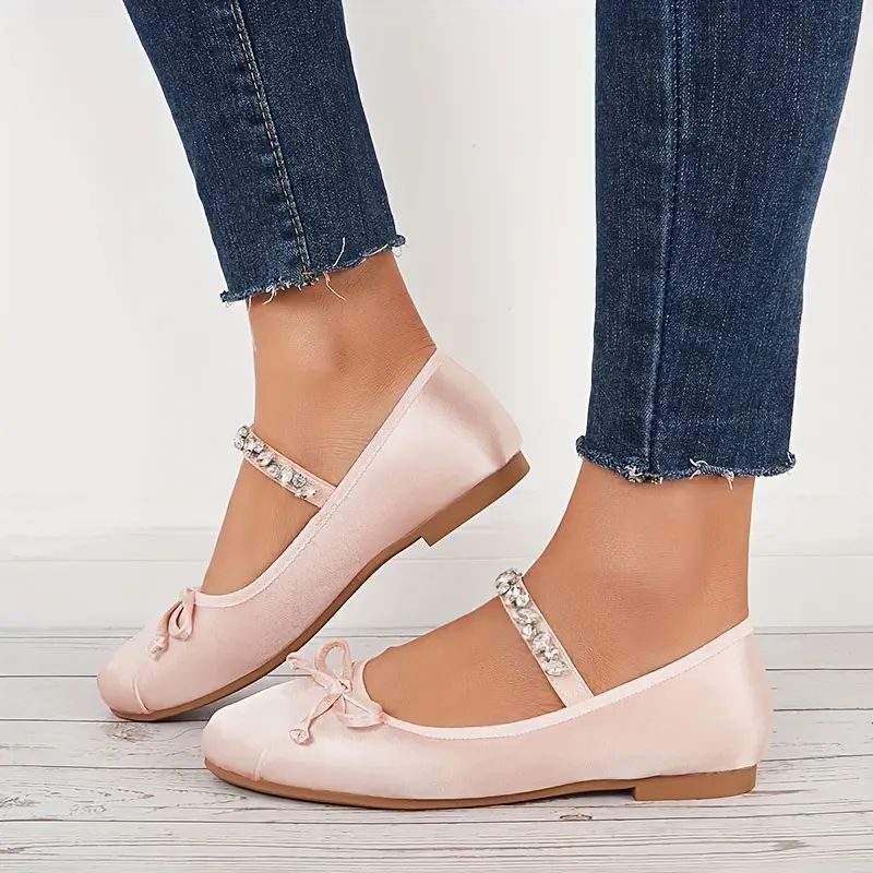 Women's Bow Flat Mary Jane, Rhinestone Strap Soft Sole Slip On Satin Shoes, Comfy Ballet Flats - ... | Temu Affiliate Program