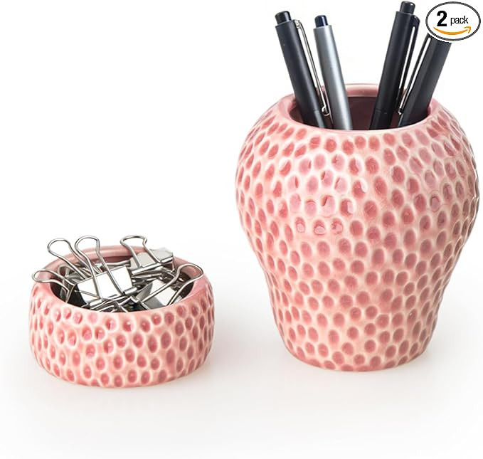 Ceramic Paper Clip Holder, Strawberry Pen Holder Set, Cute Pen Holder for Desk Storage Set of 2, ... | Amazon (US)